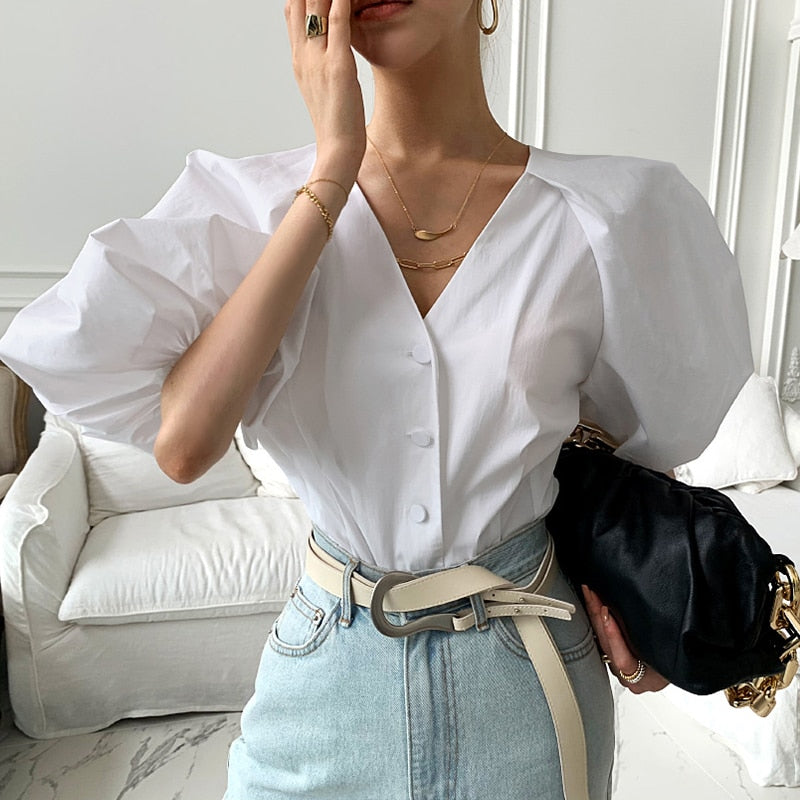 Summer Elegant Women Shirt Fashion V Neck Puff Sleeve Black White Tuxedo Shirt High Waist Button Party Ladies Blouse Tops