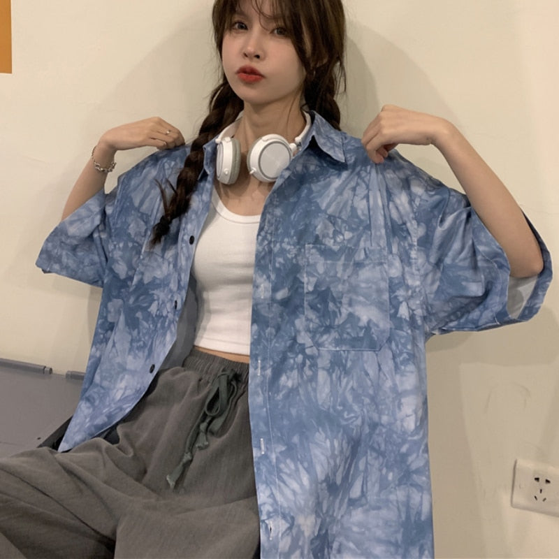 Tie Dye Women Shirts Summer Loose Half Sleeve Hip Hop Japan Girls Tops Fashion Button Up Black Casual Blue Ladies Blouse