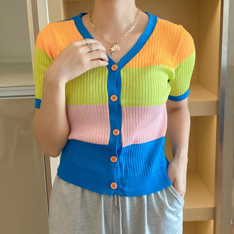 Gashion Striped Women T Shirt Summer V Neck Knit Cardigan Rainbow Cute Thin Tees Casual Short Sleeve Loose Button Up Tops