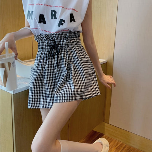 Load image into Gallery viewer, Plaid Women Wide Leg Shorts Cotton Summer High Waist Korean Loose Pocket Shorts Black Fashion  Lace Up Shorts
