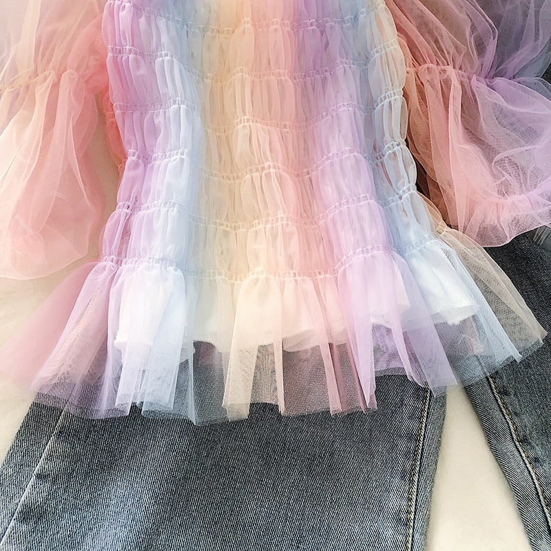 Sweet Japan Women Blouse Summer Fashion Puff Sleeve Cute Ladies Rainbow Short Tops Casual Mesh Tunic Blouse