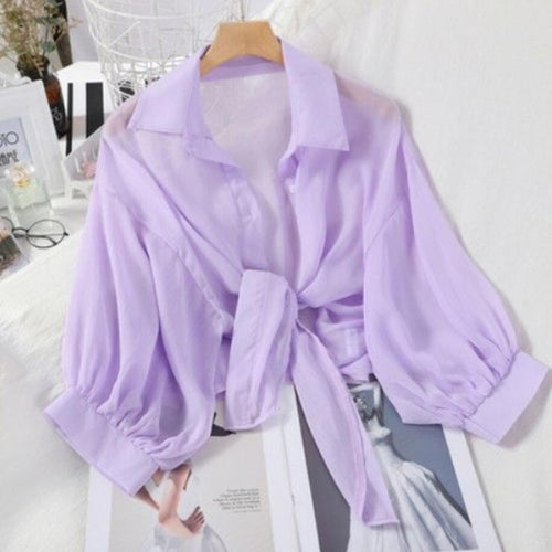 Load image into Gallery viewer, Chiffon Women New  Shirts Summer Half Sleeve Buttoned Up Loose Casual Sunny Shirts Female Tied Waist Elegant White Tops
