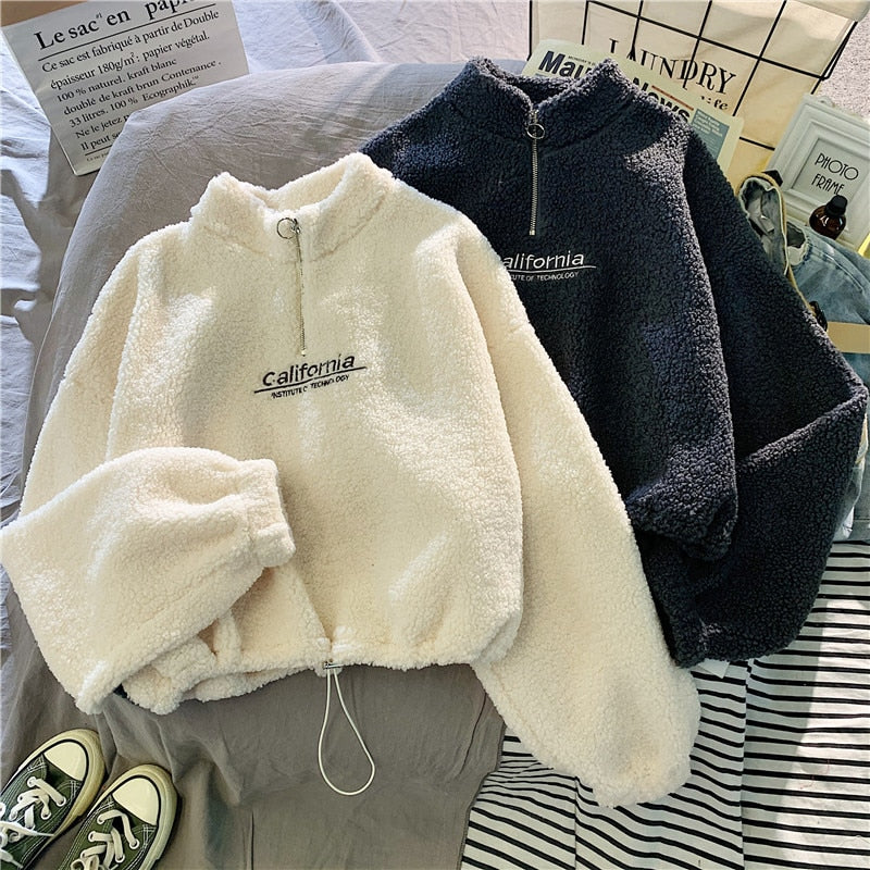 Cashmere Short Coat Fashion Women Letter Stand Collar Zipper Thick Loose Winter Pullover Sweatshirt Embroidery Female Tops