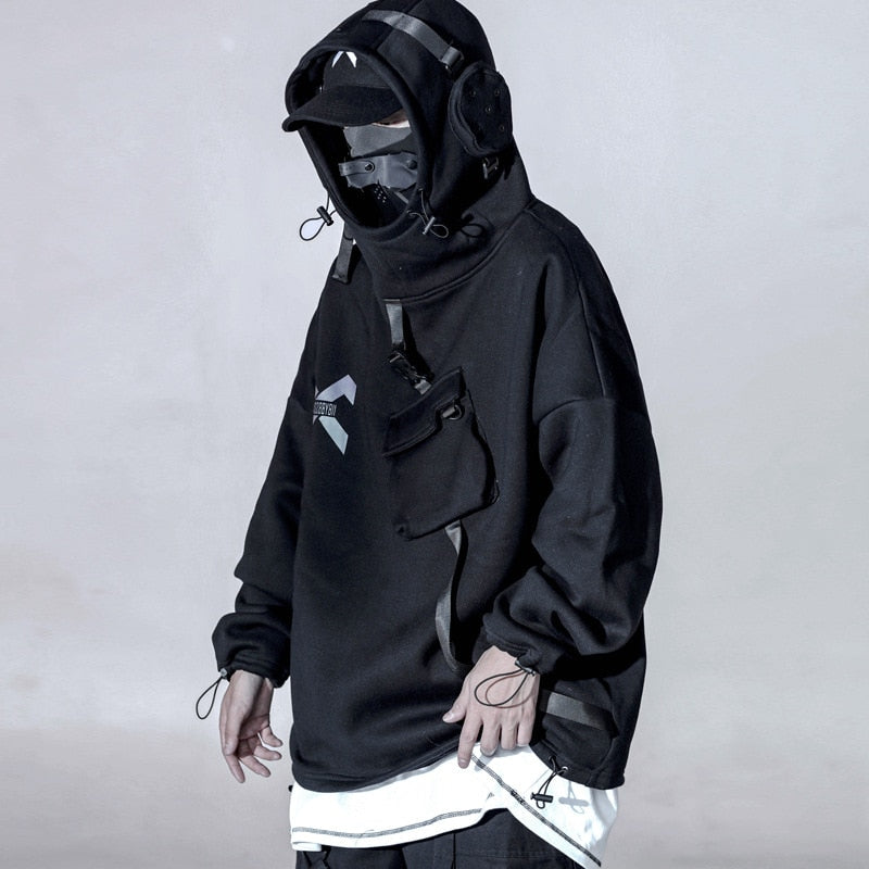 Techwear Harajuku Hoodies Men Ribbon Design Pullover Hip Hop Streetwear Hoodies Sweatshirts WB143