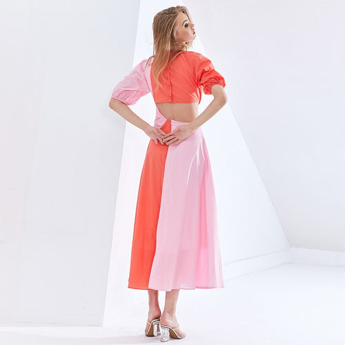 Load image into Gallery viewer, Patchwork Hit Color Asymmetrical Summer Dress For Female Puff Sleeve High Waist Hollow Out Dresses Women
