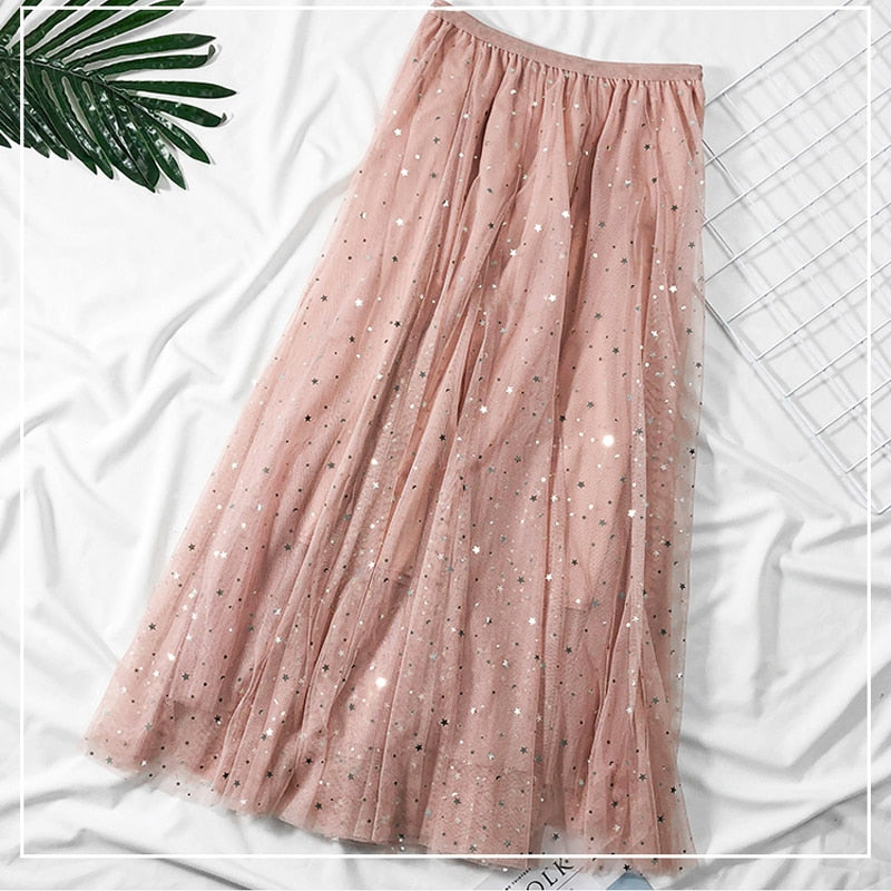 Elegant Korean Women Tulle Skirt Fashion Sequin Star Summer Mesh Ladies Long Skirt Elastic High Waist Party White Skirt