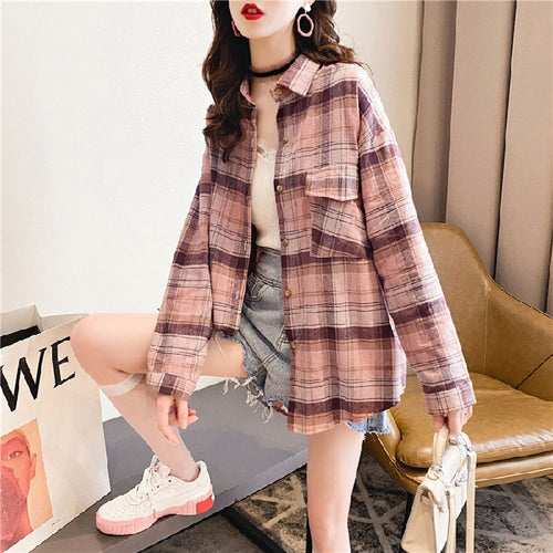 Load image into Gallery viewer, Plaid Women Shirt Spring Long Sleeve Korean Girls Blouse Casual Pink Cotton Turn Down Collar Streetwear Ladies Pocket Tops
