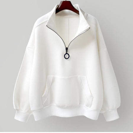 Pullover Women Sweatshirt  Fall Casual Black Fashion Zipper Loose Long Sleeve Harajuku White Ladies Solid White Thin Coats