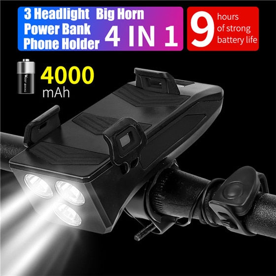 4 In 1 Bike Lamp Front Horn Light Phone Holder Alarm Bell Power Bank MTB Bike Accessories Cycling LED Flashlight