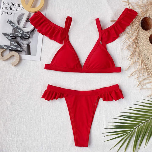 Load image into Gallery viewer, Sexy Off Shoulder Ruffled Bikini Female Swimsuit Women Swimwear Two-pieces Bikini set Bather Bathing Suit Swim Lady V2701
