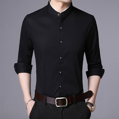 Load image into Gallery viewer, Fashion Shirt Men Mandarin Collar Long Sleeve Regular Fit Cotton Autumn Black Korean Dress Shirt Casual Men Clothes
