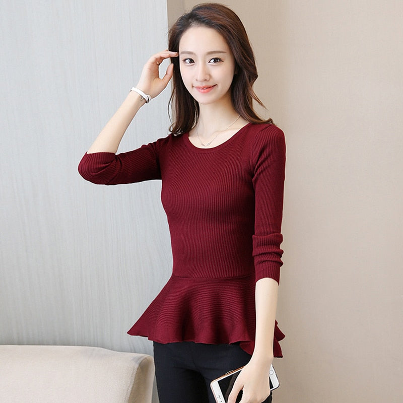 Spring Women Knitted Blouse Fashion Elegant Ruffles Long Sleeve O Neck Tunic Pullover Casual Harajuku Ladies Basic Top