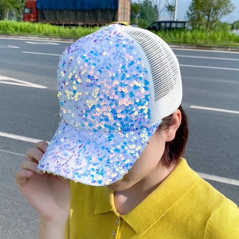 Fashion Women's Summer Cap Sequins Shiny Baseball Cap Female Outdoor Adjustable Streetwear Trucker Hat