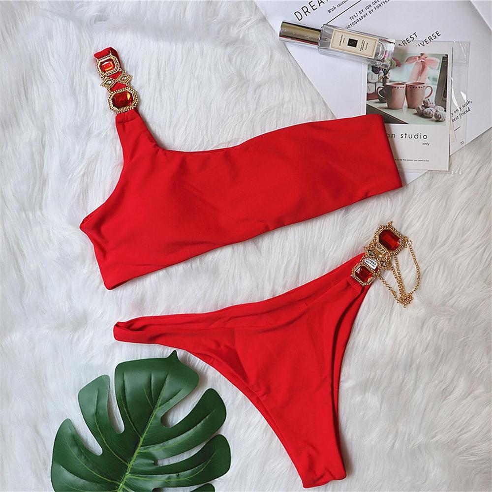 Sexy 6 Color Bling Diamond Bikini Female Swimsuit Women Swimwear Two-pieces Bikini set One Shoulder Bather Bathing Suit V2673