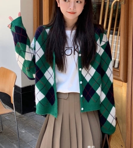 Autumn Women Argyle Knitted Cardigan Fashion Plaid Long Sleeve Casual V Neck Sweater Loose Green Korean Short Jacket