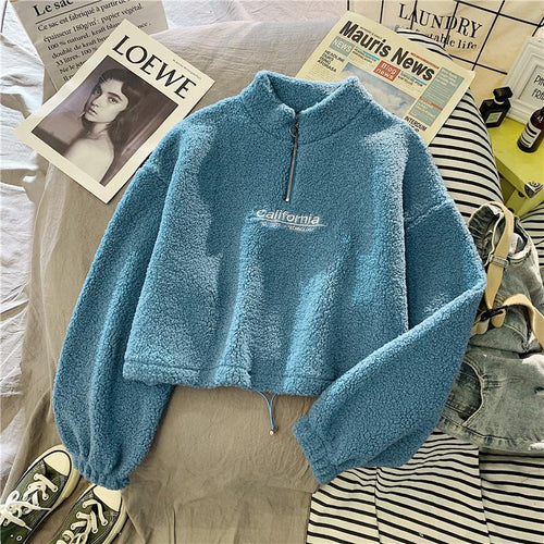Load image into Gallery viewer, Cashmere Short Coat Fashion Women Letter Stand Collar Zipper Thick Loose Winter Pullover Sweatshirt Embroidery Female Tops
