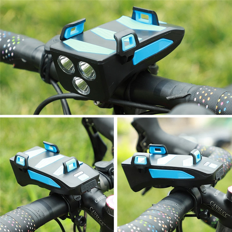 4 In 1 Bike Lamp Front Horn Light Phone Holder Alarm Bell Power Bank MTB Bike Accessories Cycling LED Flashlight