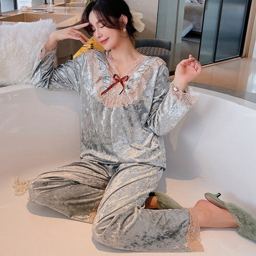 Load image into Gallery viewer, Women&#39;s Pajamas Set Sweet Style Velvet Sleepwear Casual Lace Bow Homewear V Neck Nightwear Pyjamas Femme
