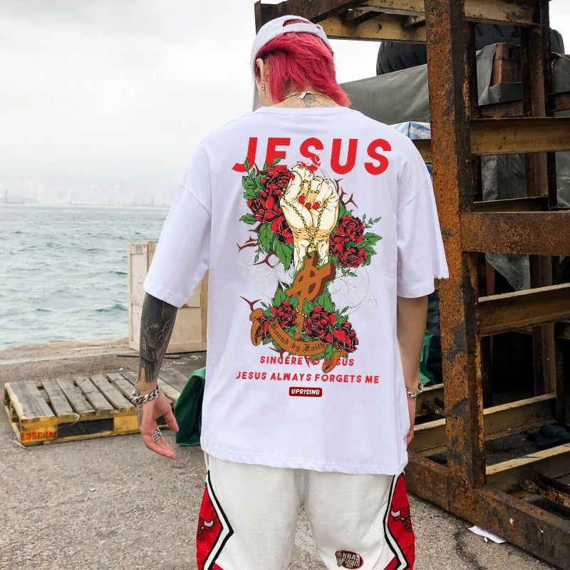 Tshirts Men Hipster Summer Tops Tees Funny Jesus Aliens UFO Print Short Sleeve T Shirts Hip Hop Casual Streetwear