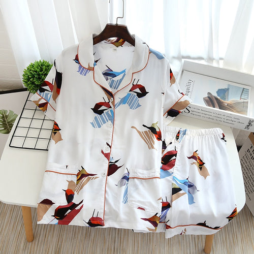 Load image into Gallery viewer, Summer Women&#39;s Pajamas Set Natural Cotton Short-sleeved Plant Print Cardigan Sleepwear Casual Homewear Nightwear Pyjamas Femme
