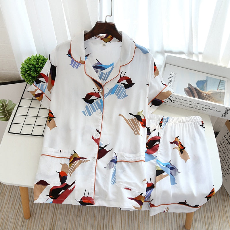 Summer Women's Pajamas Set Natural Cotton Short-sleeved Plant Print Cardigan Sleepwear Casual Homewear Nightwear Pyjamas Femme