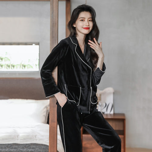 Load image into Gallery viewer, High Quality Women&#39;s Pajamas Set Golden Velvet Sleepwear Luxury Style Homewear V Neck Nightwear Casual Pyjamas Femme New
