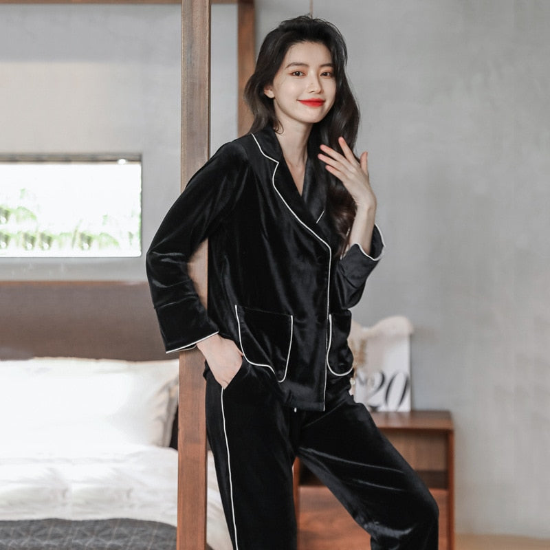 High Quality Women's Pajamas Set Golden Velvet Sleepwear Luxury Style Homewear V Neck Nightwear Casual Pyjamas Femme New