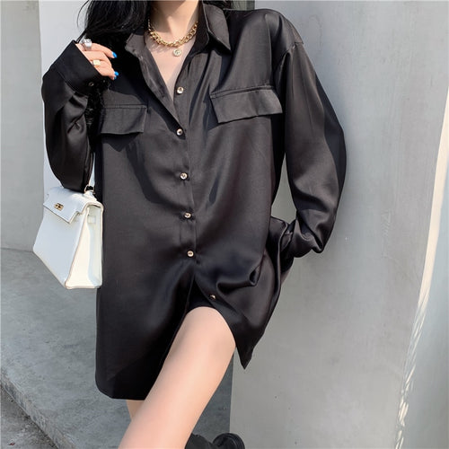 Load image into Gallery viewer, Fashion Chain Women Shirt Designed Spring Long Sleeve White Tunic Office Ladies Shirts High Waist Satin elegant tops
