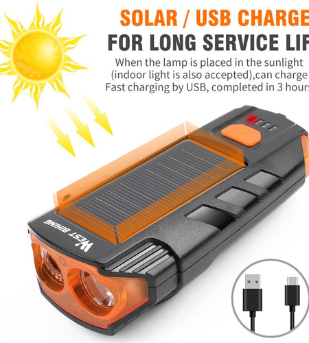 USB Rechargeable Bicycle Light 2000mAh Solar Power LED Cycling Headlight Waterproof 120dB Bike Horn Warning Lamp