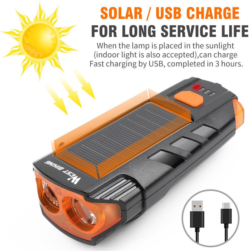 USB Rechargeable Bicycle Light 2000mAh Solar Power LED Cycling Headlight Waterproof 120dB Bike Horn Warning Lamp