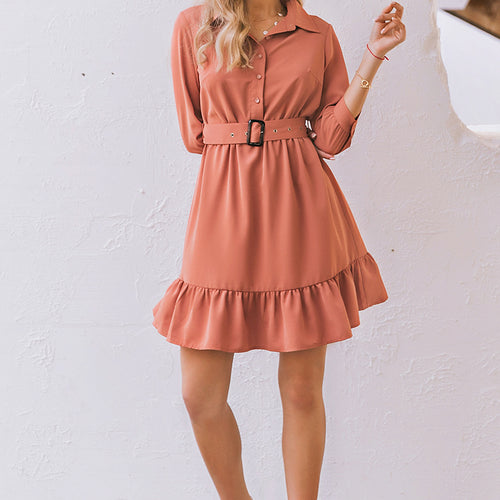 Load image into Gallery viewer, Ruffled Spring Three Quarter Sleeve Belt Office Retro O-neck A-line Summer Dress-women-wanahavit-Coral Red-M-wanahavit
