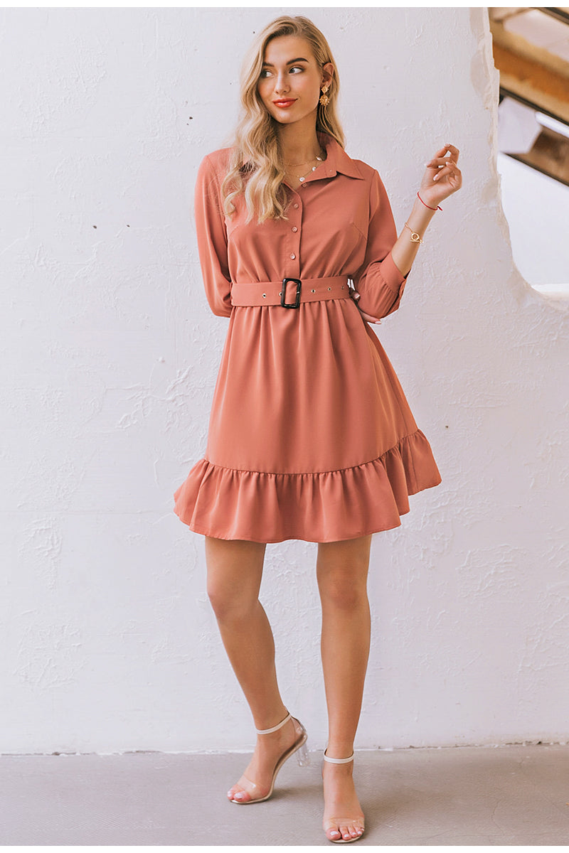 Ruffled Spring Three Quarter Sleeve Belt Office Retro O-neck A-line Summer Dress-women-wanahavit-Coral Red-M-wanahavit