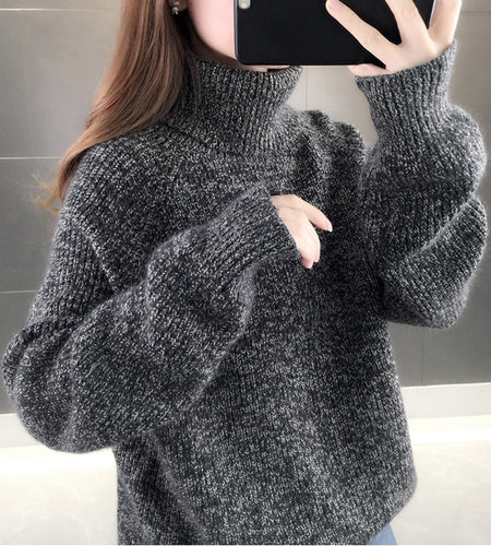 Turtleneck Sweater Warm Thick Loose Knitted Coat Winter Solid Vintage Pullover High Collar Jumper Casual Girls Outwear