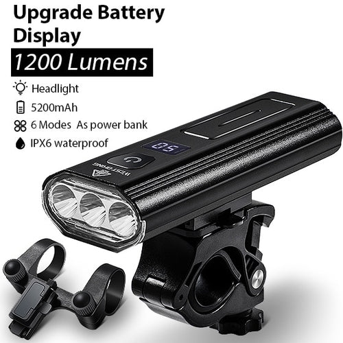 Load image into Gallery viewer, 5200mAh 1200LM Bike Light 3 LED Battery Display USB Rechargeable Headlight Waterproof Cycling Front Lamp Power Bank
