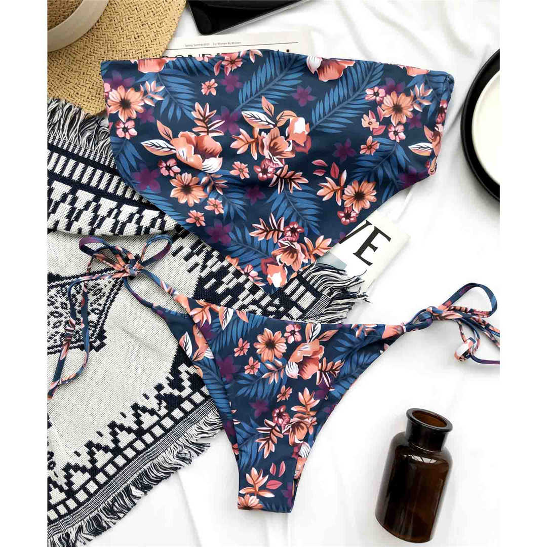 Flower Bandeau Bikini Women Swimwear Female Swimsuit Two-pieces Bikini set Strapless Brazilian Bather Bathing Suit Swim V2844