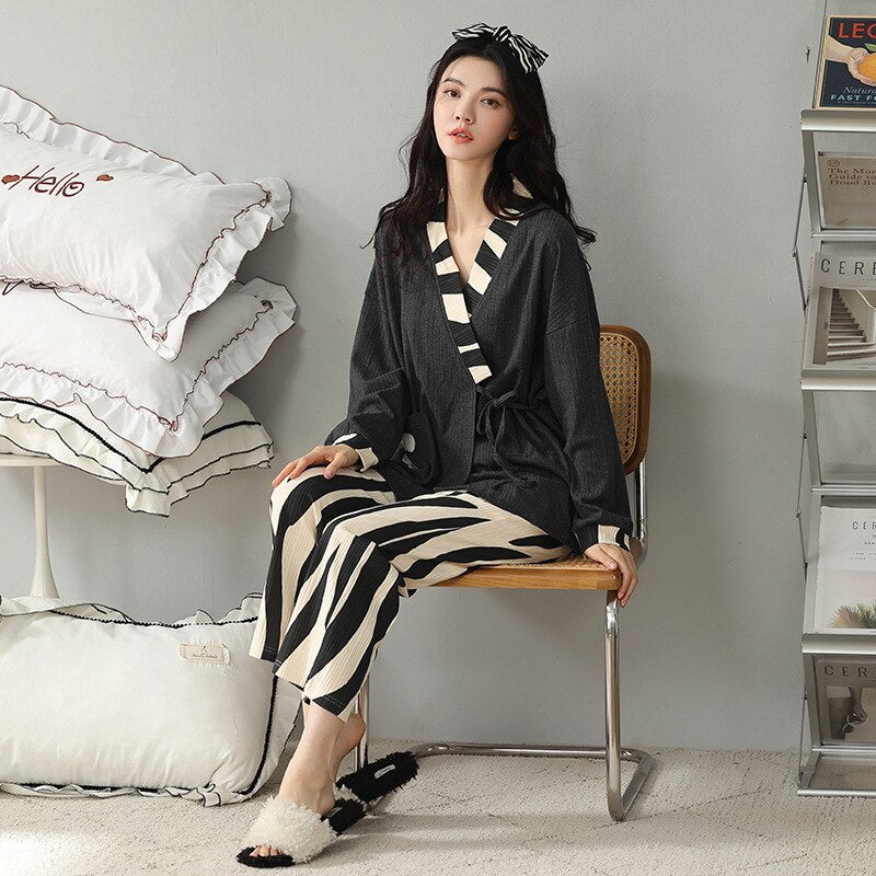 High Quality Women's Pajamas Set Kimono Ins Style Sleepwear Cotton Casual Homewear V Neck 2pcs Nightgown пижама женская