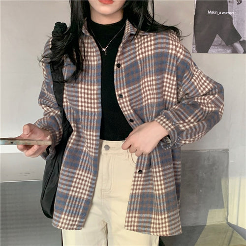 Load image into Gallery viewer, Retro Plaid Women Shirts Vintage Fall Single Breasted Long Sleeve Female Shirt Designed Spring Korean Ladies  Tops
