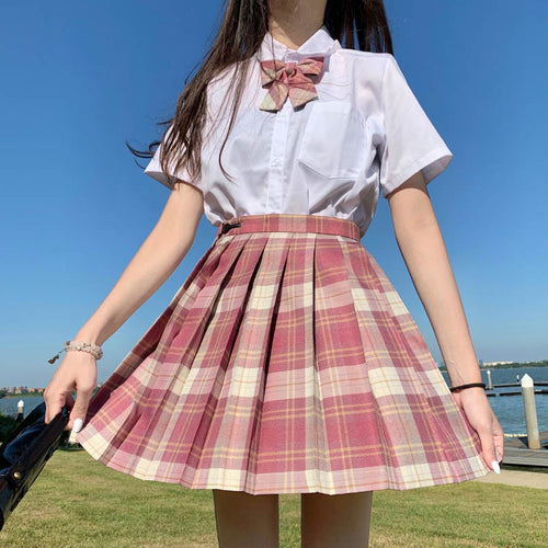 Load image into Gallery viewer, Pink Sweet Women Plaid Skirt JK Girls Preppy Dance Mini Pleated Skirt A Line Harajuku Japan School Fashion Tie Bow Skirt

