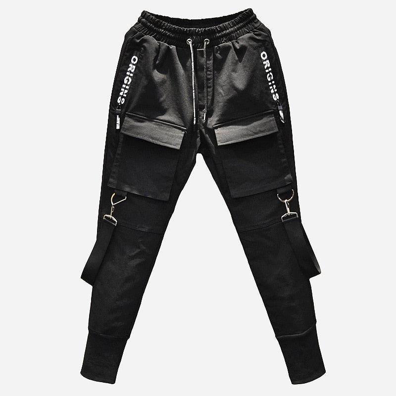 Streetwear Pencil Pants Men Jogger Elastic Waist Ribbon Hip Hop Haran Pants Multi Pocket Black Trousers Male DG55