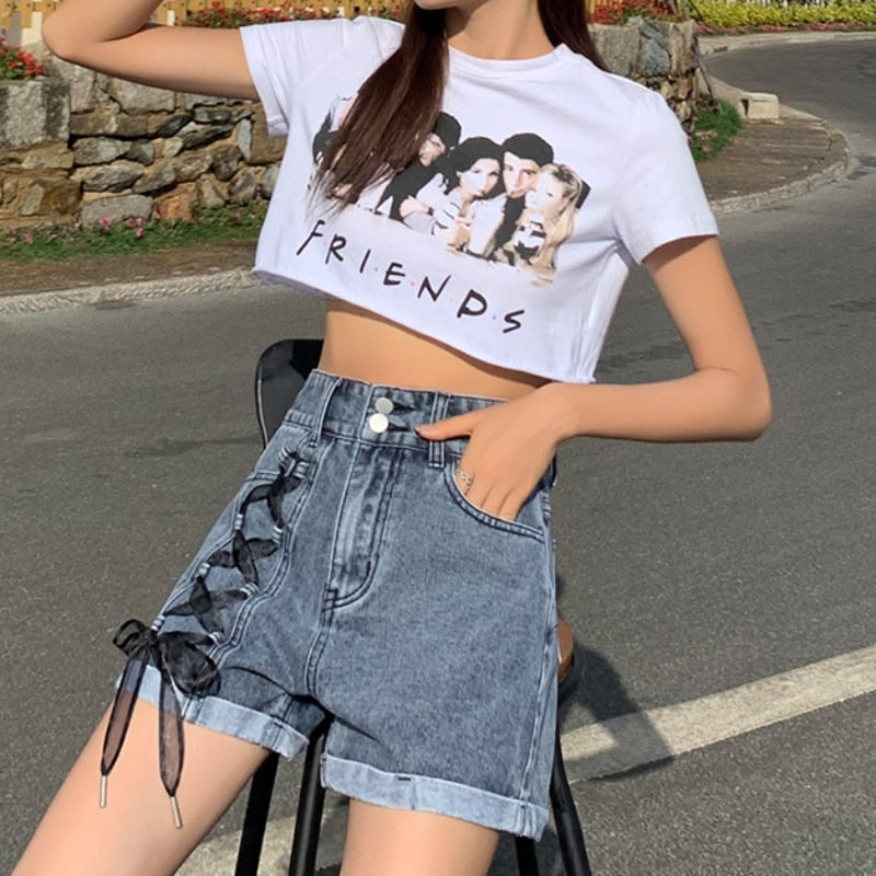 Summer High Waist Women Denim Shorts Fashion Lace Patchwork Loose Jeans Causal A Line Korean Girls Wide Leg Shorts