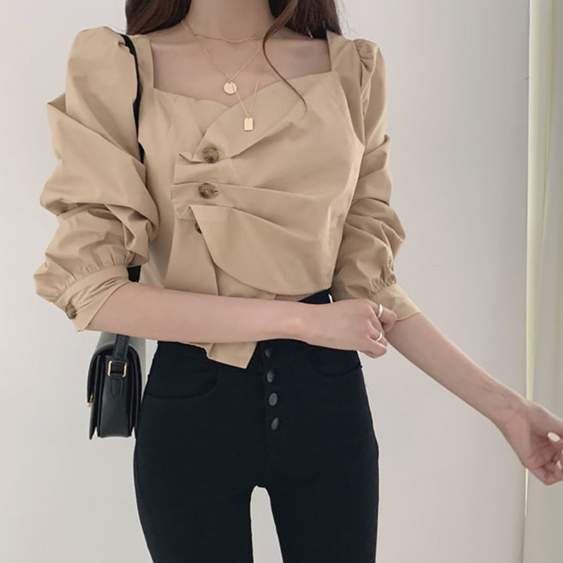 Designed Women Blouse Spring Fashion Button Irregular England Style Long Sleeve Square Collar Office Ladies Temperament Top