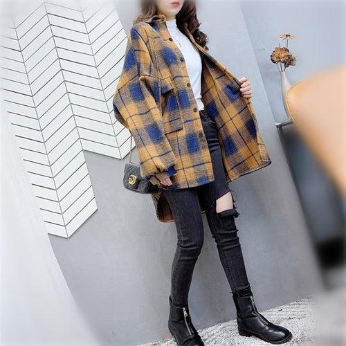 Load image into Gallery viewer, Vintage Women Plaid Shirt Autumn Loose Long Sleeve Turn Down Collar Button Up Korean Shirts Casual Oversize Female Tops

