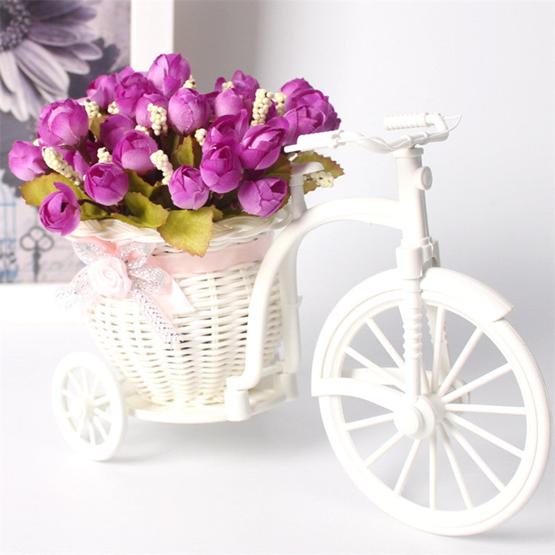 Colorful Silk Rattan Bike Vase With Mini Rose And Daisy Flowers