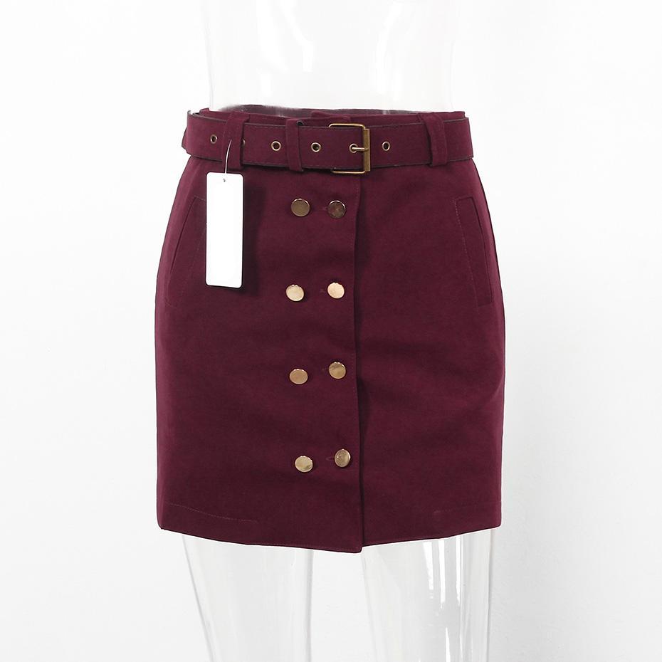 High Waist Double Button Skirt with Belt-women-wanahavit-Wine red-S-wanahavit