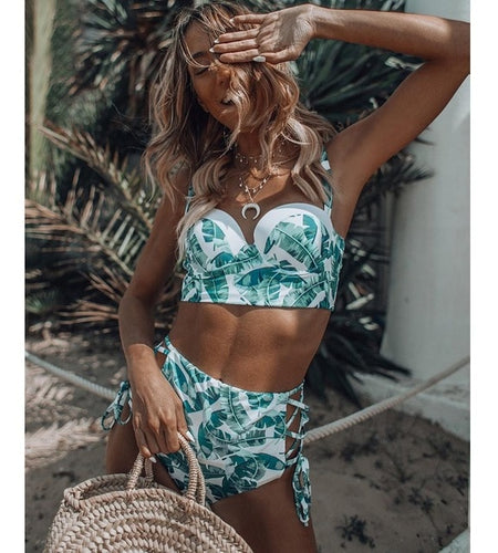 High Waist Leaf Print Retro Bandage Bikini-women fitness-wanahavit-TZ18042G1-S-wanahavit