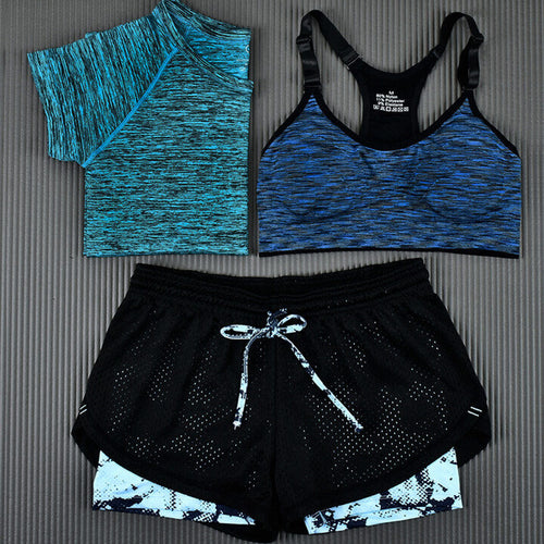 Load image into Gallery viewer, Quick Dry Yoga Set Tees + Sports Bra + Shorts-women fitness-wanahavit-Blue-S-wanahavit
