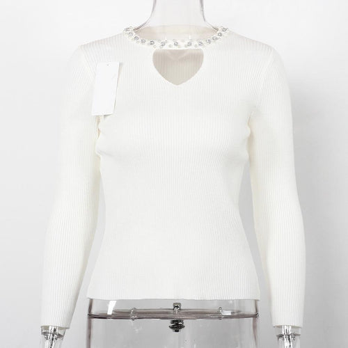 Load image into Gallery viewer, Hollow Out Beaded Long Sleeve Sweater-women-wanahavit-White-One Size-wanahavit
