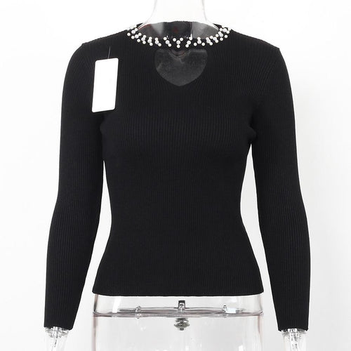 Load image into Gallery viewer, Hollow Out Beaded Long Sleeve Sweater-women-wanahavit-Black-One Size-wanahavit
