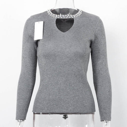 Load image into Gallery viewer, Hollow Out Beaded Long Sleeve Sweater-women-wanahavit-Gray-One Size-wanahavit
