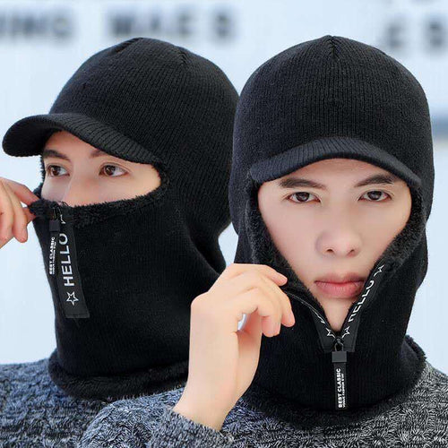 Load image into Gallery viewer, Fur Lined Brim Ear Cover With Zipper Balaclava Outdoor Knitted Woolen Warm Winter Cap
